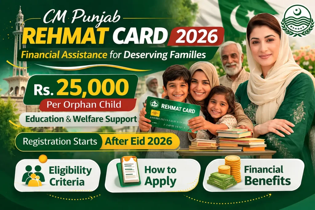 CM Punjab Rehmat Card 2026 – Rs. 25,000 financial assistance per orphan child for education and welfare support in Punjab. Registration starts after Eid 2026. Check eligibility criteria, how to apply, and financial benefits.